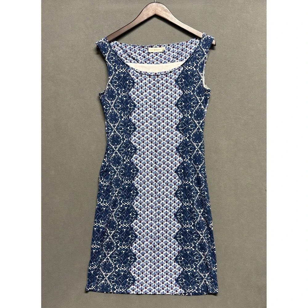 Tory Burch Sheath Dress Womens Small Blue Geometric Floral Print Sleeveless EXCL